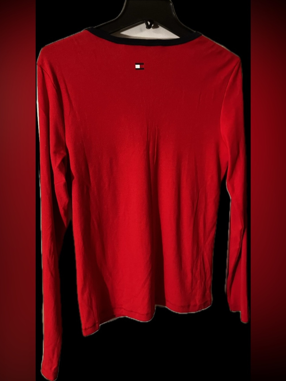 Tommy Hilfiger Red Long-Sleeve V-Neck Top with Contrast Stripe - Picture 3 of 5